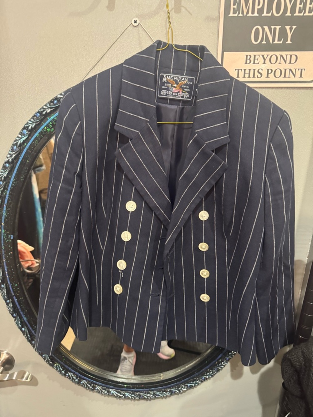 American Living Navy Pinstripe Double-Breasted Blazer with White Buttons